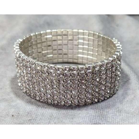 Vintage Glam 7 Row Rhinestone Silver Tone Stretch Bracelet - Picture 2 of 8